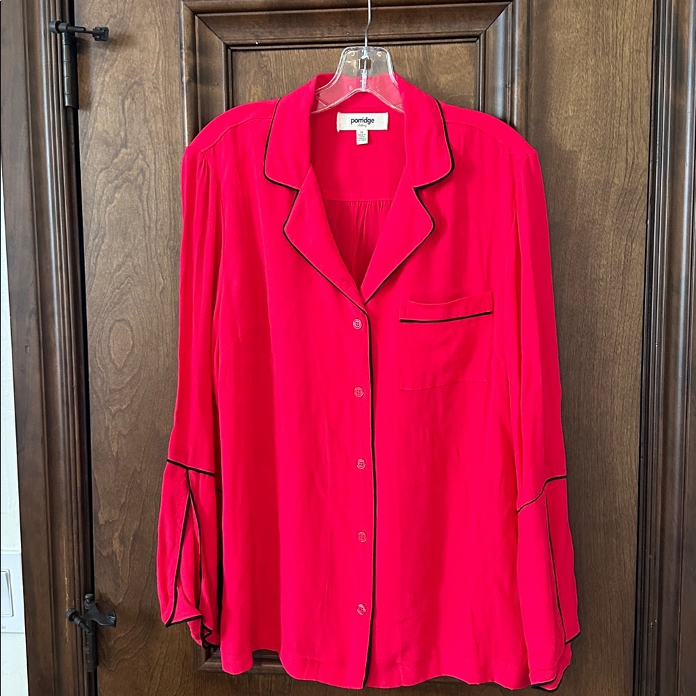 Red Button-up Blouse with Bell Sleeeves from Anthropologie